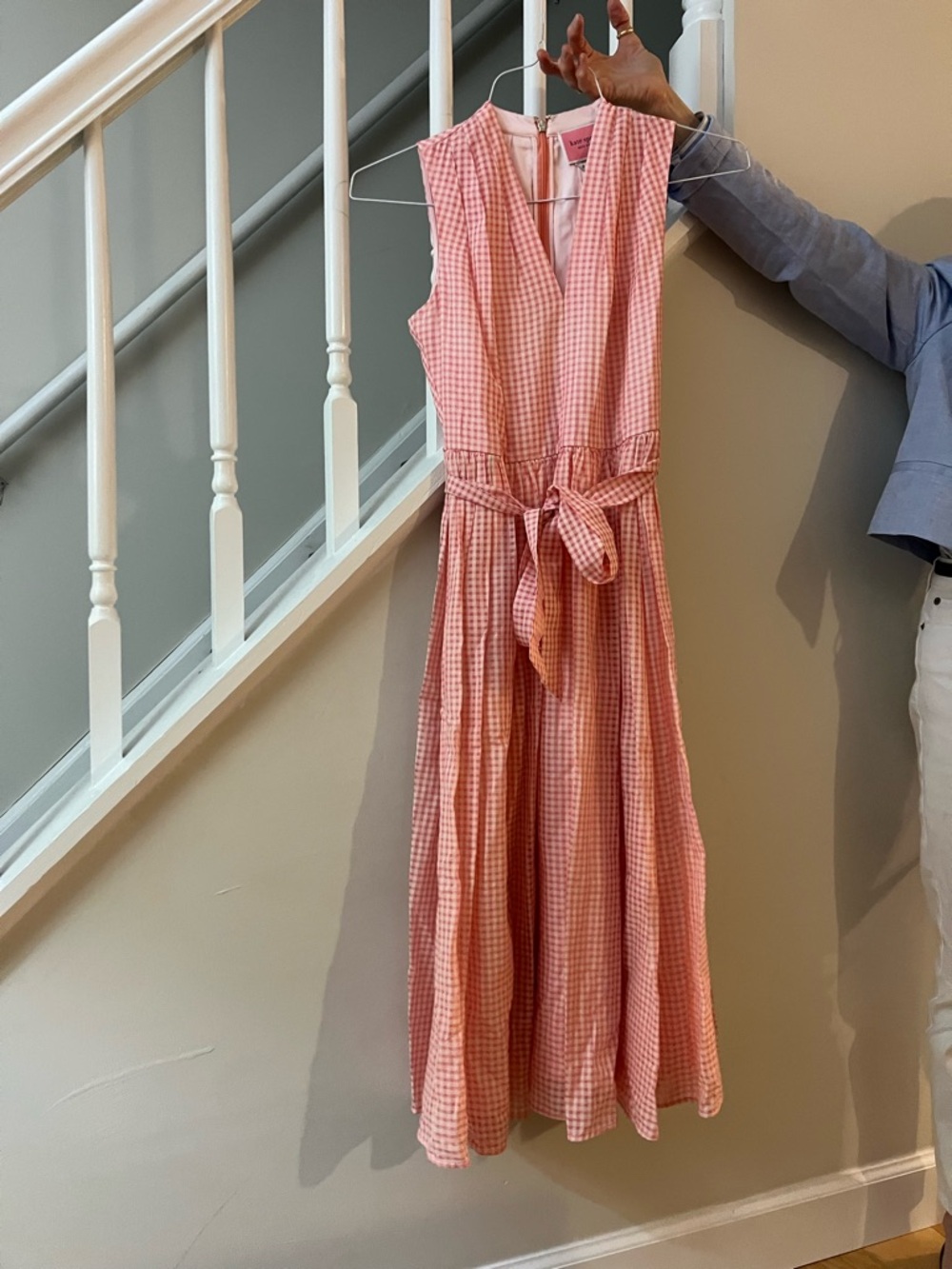 Kate Spade Gingham Pink Sleeveless Midi Dress with Waist Tie